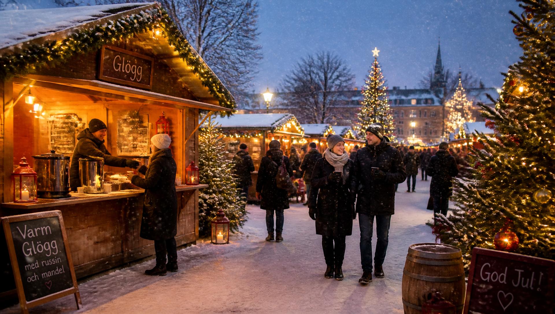 Julmarknad med julgranar, julstånd och foodtrucks