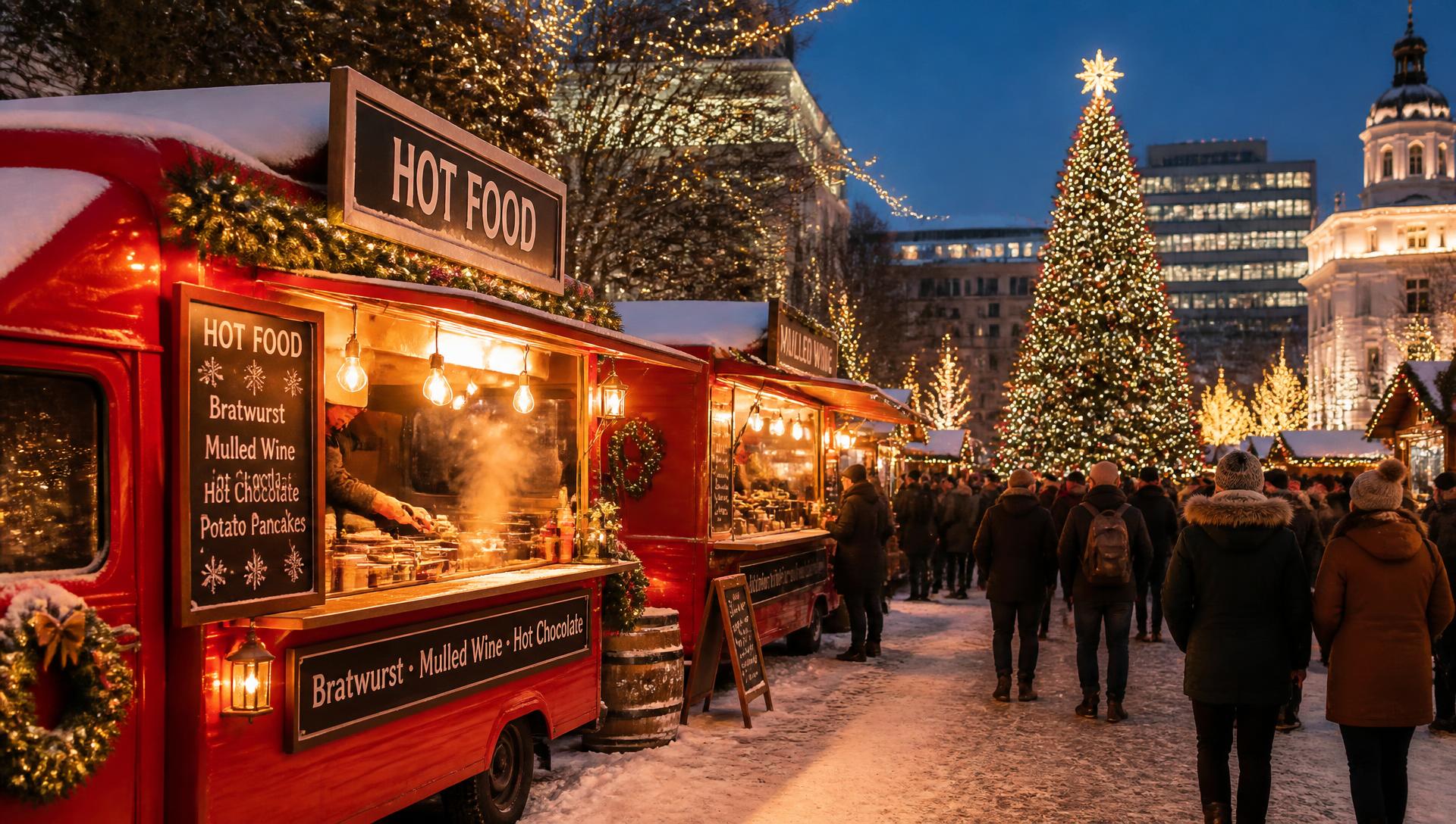 Julmarknad med julgranar, julstånd och foodtrucks
