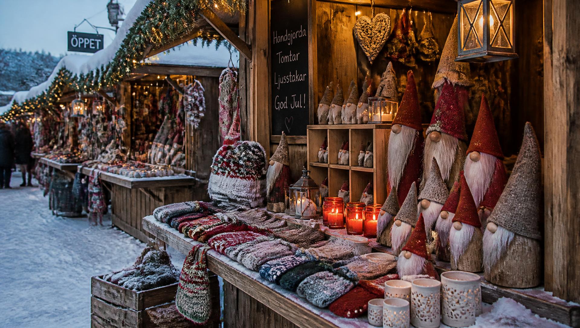 Julmarknad med julgranar, julstånd och foodtrucks
